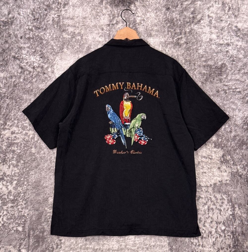 Tommy Bahama Silk Shirt XL Mens Dealers Choice Smoking Parrots Embroidered